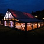 Cruck wedding marquee at night