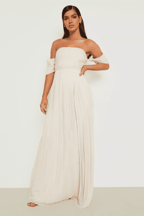 of the Best Champagne Bridesmaid Dresses for PLEATED BARDOT BRIDESMAID MAXI DRESS 10