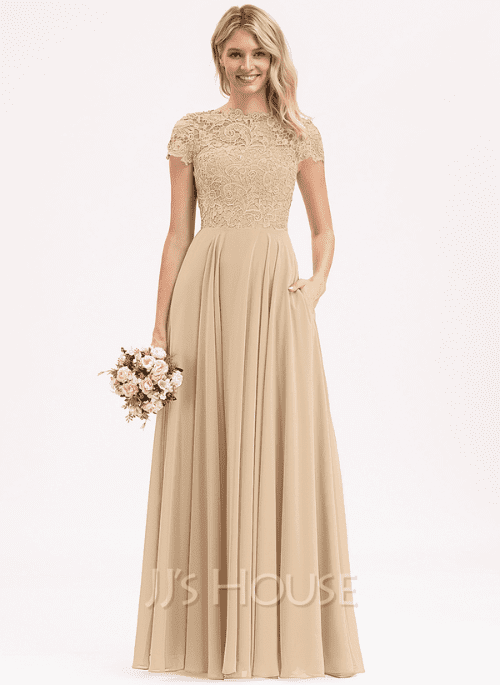 of the Best Champagne Bridesmaid Dresses for A Line Scoop Neck Floor Length Chiffon Lace Bridesmaid Dress With Pockets 11