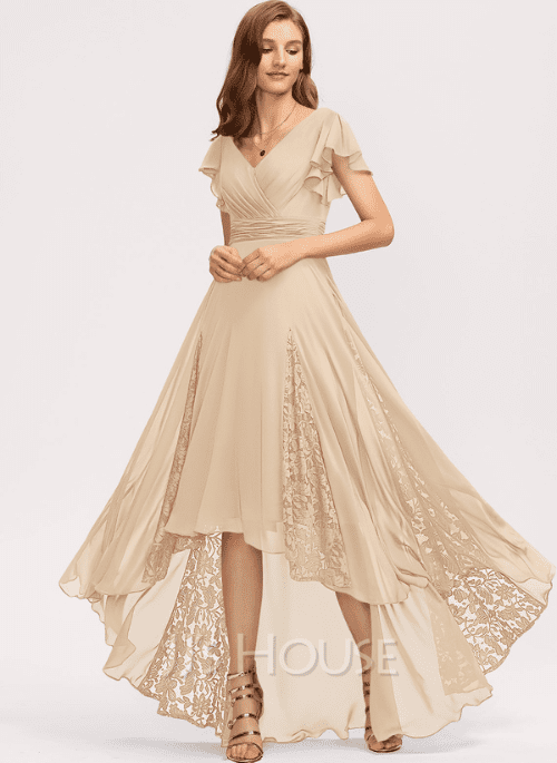 of the Best Champagne Bridesmaid Dresses for A Line V neck Asymmetrical Chiffon Bridesmaid Dress With Ruffle Lace 14