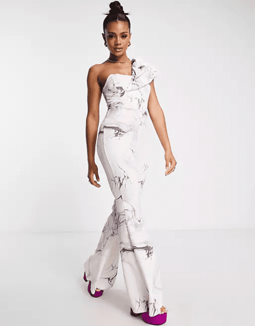 Best Wedding Guest Jumpsuits for ASOS DESIGN scuba one shoulder kick flare jumpsuit in marble print 15