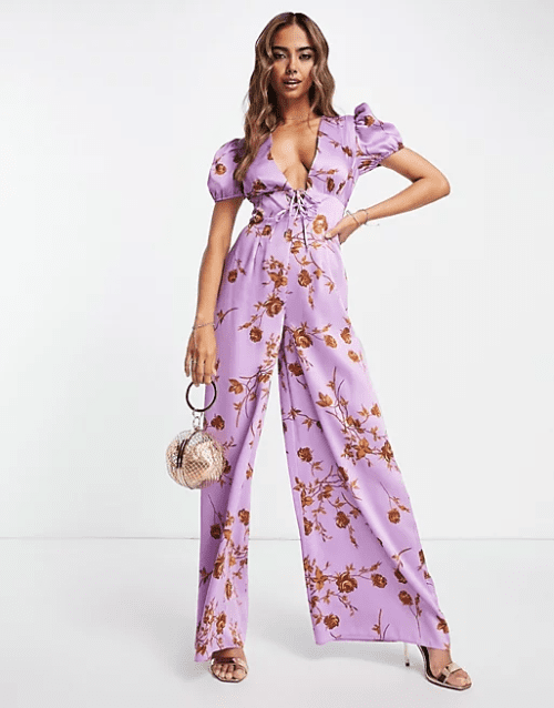 Best Wedding Guest Jumpsuits for ASOS DESIGN satin tea jumpsuit with puff sleeve in floral print 16