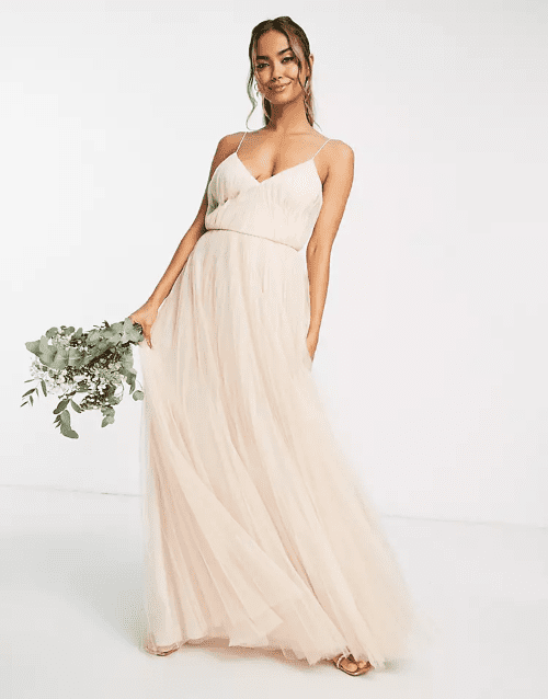 of the Best Champagne Bridesmaid Dresses for ASOS DESIGN Bridesmaid ruched cami maxi dress with pleated tulle skirt in champagne 2