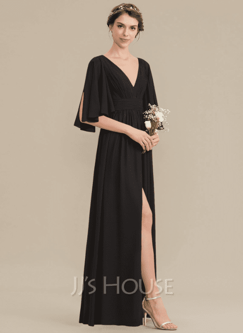 of the Best Black Bridesmaid Dresses for A Line V neck Floor Length Chiffon Bridesmaid Dress With Ruffle Bow(s) Split Front 22