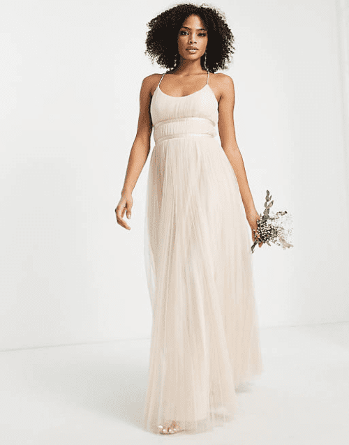 of the Best Champagne Bridesmaid Dresses for 3.ASOS DESIGN bridesmaids tulle cami maxi dress with satin ribbon waist detail and pleated skirt in champagne.jfif 3