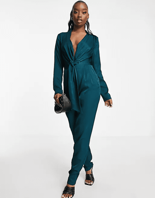 Best Wedding Guest Jumpsuits for Aria Cove plunge front drape detail jumpsuit in emerald green 33