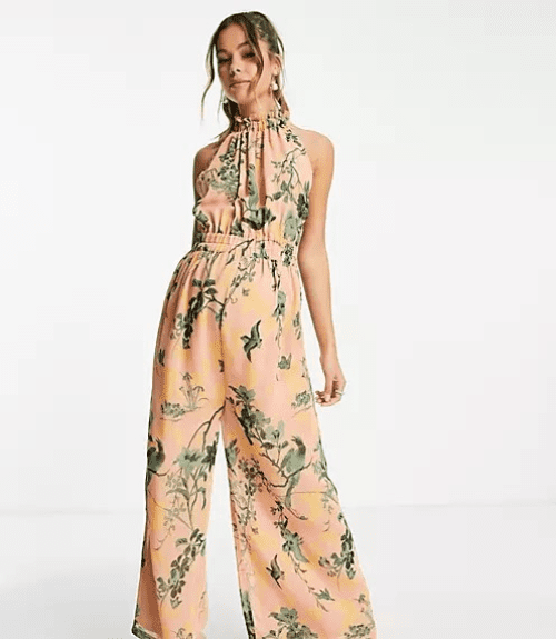 Best Wedding Guest Jumpsuits for ASOS DESIGN maternity chiffon gathered waist halter jumpsuit in floral print 8
