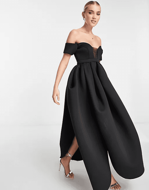 of the Best Black Bridesmaid Dresses for ASOS DESIGN off shoulder mesh insert cocoon maxi prom dress in black 9