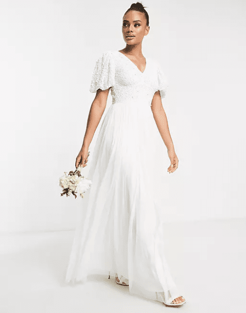 Tulle Wedding Dresses for Every Season Beauut Bridal emellished bodice maxi dress with flutter sleeve and tulle skirt in white 10
