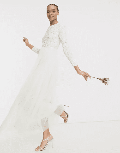 Tulle Wedding Dresses for Every Season Maya Bridal long sleeved maxi dress with delicate sequin and tulle skirt in ecru 12
