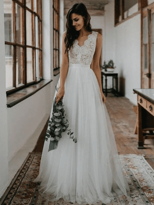 Tulle Wedding Dresses for Every Season Princess Tulle Lace V neck Sleeveless Floor Length Wedding Dresses 20