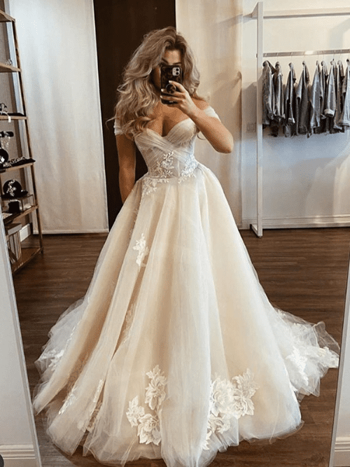 Tulle Wedding Dresses for Every Season A LinePrincess Tulle Off the Shoulder Applique Sleeveless SweepBrush Train Wedding Dresses 28