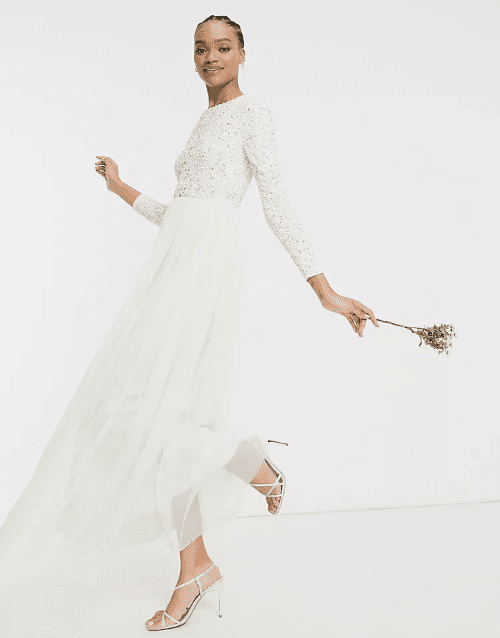 Tulle Wedding Dresses for Every Season Maya Bridal long sleeve maxi dress with delicate sequin and tulle skirt in ecru 4