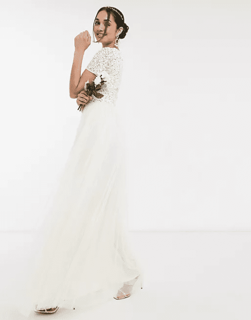 Tulle Wedding Dresses for Every Season Maya Bridal v neck maxi tulle dress with tonal delicate sequin in ecru 8